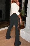 Pink Fashion Casual Solid Hollowed Out Strap Design Boot Cut Mid Waist Trousers