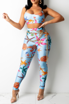 Blue Sexy Print Patchwork Spaghetti Strap Sleeveless Two Pieces