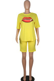 Red Fashion Casual adult Ma'am Print Two Piece Suits Lips Print Straight Short Sleeve Two Pieces