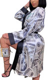 purple Fashion Casual Adult Print Patchwork With Belt V Neck Outerwear