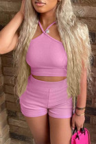 Pink Sexy Casual Solid Backless Spaghetti Strap Sleeveless Two Pieces