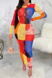 Red Yellow Sexy Print Mesh O Neck Pencil Skirt Dresses