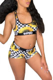 Yellow Fashion adult OL Patchwork Print Two Piece Suits Straight Sleeveless Two Pieces