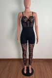 Black Sexy Patchwork Mesh Spaghetti Strap Skinny Jumpsuits