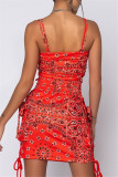 Rose Red Fashion Sexy Print Backless Spaghetti Strap Sleeveless Two Pieces