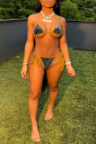 Blue Sexy Sweet Patchwork Draw String Swimwears
