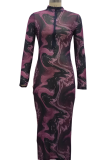 Purplish Red Sexy Print Patchwork Zipper Collar Pencil Skirt Dresses