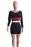 Black Casual Cap Sleeve Long Sleeves O neck Step Skirt skirt Solid Long Sleeve Dresses