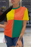 Blue Fashion Casual Patchwork Basic O Neck T-Shirts