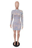 Blue Street Print Mandarin Collar Wrapped Skirt Dresses