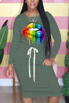 Dark green Fashion Casual Print Patchwork Draw String O Neck Printed Dresses