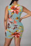 Light Blue Sexy Print Hollowed Out O Neck Pencil Skirt Dresses
