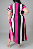Brown Fashion Casual Plus Size Striped Print Slit V Neck Short Sleeve Dress