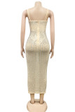 Apricot Sexy Geometric Hot Drill Spaghetti Strap Sling Dress Dresses