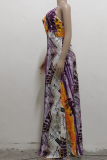Purple Sexy Print High Opening Spaghetti Strap Straight Dresses