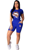 Red Fashion Active adult Ma'am Patchwork Print Two Piece Suits Lips Print pencil Short Sleeve Two Pieces