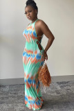 Green Milk. Fashion adult Ma'am Street Green Off The Shoulder Sleeveless Halter Neck Step Skirt Floor-Length Print Dresses