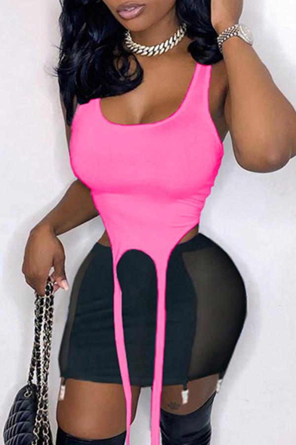 Rose Red Sexy Solid Patchwork See-through U Neck Sleeveless Two Pieces