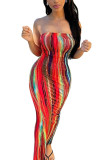 rose red Sexy Print Tie-dye Backless Strapless Pencil Skirt Dresses