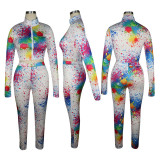 Colour Sexy Print Patchwork O Neck Long Sleeve Two Pieces