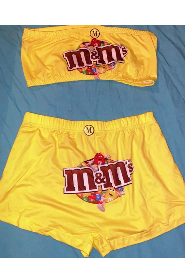 Mustard yellow Sexy Plaid Letter Print Character Straight Two Pieces
