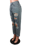 Blue Gray Street Solid Make Old Mid Waist Regular Denim