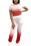 Red Fashion Casual child Ma'am Print Draped Gradient Two Piece Suits Straight Short Sleeve Two Pieces