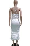 Blue Fashion Sexy White Black Blue Spaghetti Strap Sleeveless Slip Pencil Dress Mid-Calf Solid backless asymmetrical Dresses