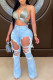 Blue Denim Zipper Fly High Hole washing Old Skinny Pants Bottoms