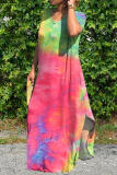 Green Casual Patchwork Tie-dye Slit V Neck Straight Dresses