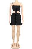 Black Casual Solid Flounce Spaghetti Strap Sleeveless Two Pieces