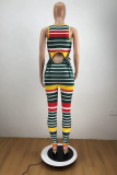 Red Casual Striped Patchwork O Neck Sleeveless Two Pieces