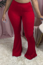 Wine Red Elastic Fly Mid Solid Boot Cut Pants Bottoms