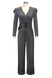 Silver Sexy Solid Patch With Belt V Neck Regular Jumpsuits
