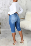 Blue Casual Solid Ripped Mid Waist Skinny Denim Shorts