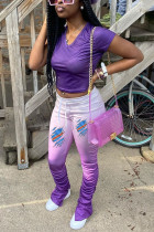 purple Milk Silk Fashion Sexy adult Ma'am Print Two Piece Suits pencil Short Sleeve Two Pieces