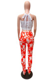Red Fashion Sexy Print Hollowed Out Backless Strapless Sleeveless Two Pieces