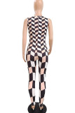 Yellow And Blue Sexy Print Patchwork V Neck Skinny Jumpsuits
