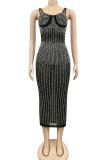 Apricot Sexy Geometric Hot Drill Spaghetti Strap Sling Dress Dresses