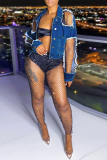 Blue Casual Solid Patchwork Turndown Collar Regular Denim Jacket