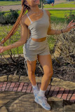 Grey Fashion Casual Solid Backless One Shoulder Sleeveless Two Pieces