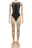 Black Sexy Geometric Sequins Patchwork Frenulum See-through With Belt O Neck Sleeveless Two Pieces