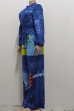 Dark Blue Casual Color Lump Print Bandage Patchwork Buckle Mandarin Collar Straight Jumpsuits