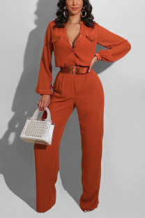 Orange Casual Solid Pocket V Neck Jumpsuits