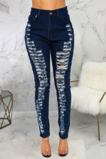 Dark Blue Sexy Solid Ripped High Waist Skinny Denim