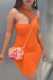 Tangerine Red Sexy Solid Patchwork One Shoulder Pencil Skirt Dresses