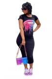 Grey Fashion adult OL Black Grey Cap Sleeve Short Sleeves O neck Asymmetrical Mid-Calf Print Patchwork hole lip Dresses