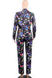 Black venetian Casual Patchwork Print Two Piece Suits Straight Long Sleeve Two-piece Pants Set