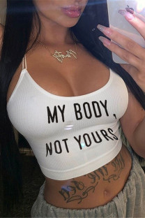 White Sexy Casual Letter Print Backless Spaghetti Strap Tops