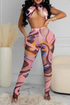 Pink Sexy Print Patchwork Halter Sleeveless Two Pieces